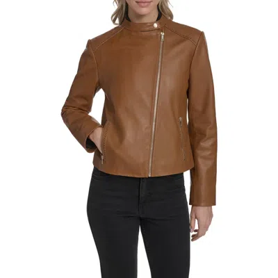 Cole Haan Signature Band Collar Racer Jacket In Brown