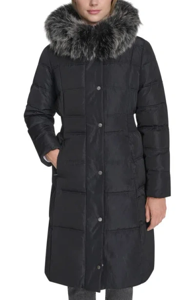 Cole Haan Signature Hooded Puffer Coat With Bib & Faux Fur Trim In Black