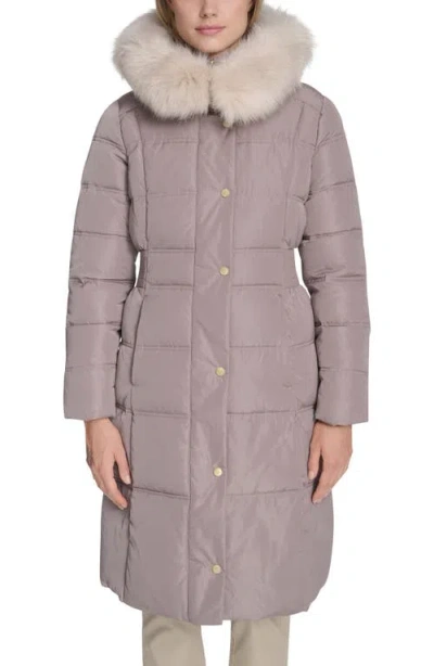 Cole Haan Signature Hooded Puffer Coat With Bib & Faux Fur Trim In Brown