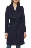 Cole Haan Signature Slick Wool Blend Wrap Coat In Navy