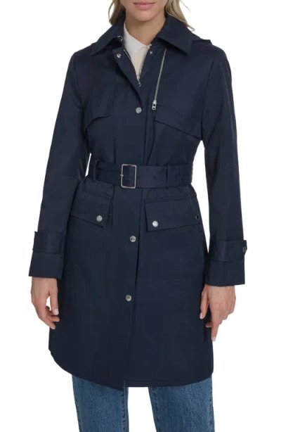 Cole Haan Signature Water Resistant Convertible Collar Belted Trench Coat With Removable Hood In Blue
