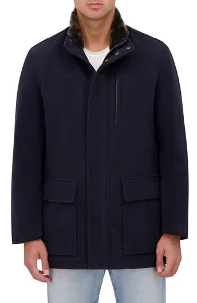 Cole Haan Signature Wool Blend Faux Fur Lined Stand Collar Jacket In Navy