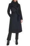 Cole Haan High Neck Slick Wool-blend Belted Coat In Blue