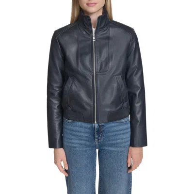 Cole Haan Stand Collar Leather Bomber Jacket In Blue