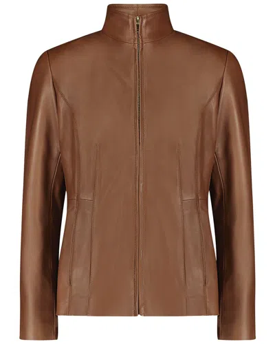 Cole Haan Stand Collar Leather Jacket In Brown