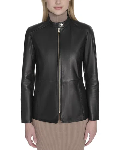 Cole Haan Stand Collar Leather Jacket In Black