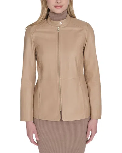 Cole Haan Stand Collar Leather Jacket In White