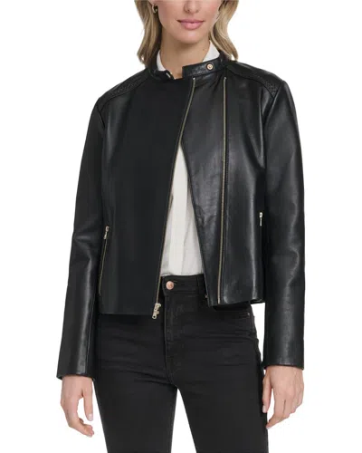 Cole Haan Stand Collar Leather Racer Jacket In Black
