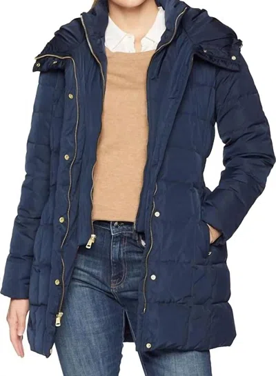 Cole Haan Taffeta Down Coat With Bib Front And Dramatic Hood In Navy In Blue