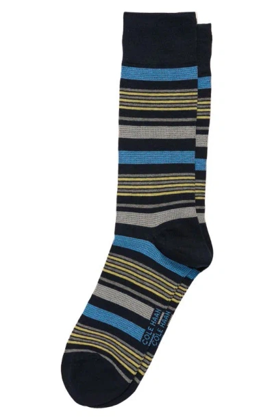 Cole Haan Textured Birds Eye Stripe Crew Socks In Navy