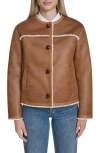 Cole Haan Water Resistant Waxed Faux Shearling Collarless Jacket In Brown