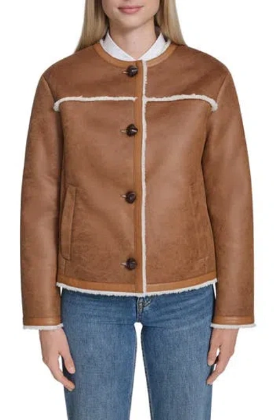 Cole Haan Water Resistant Waxed Faux Shearling Collarless Jacket In Hazelnut