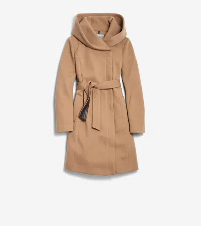 Cole Haan Belted Aysmmetrical Zip Front Twill Coat In Beige