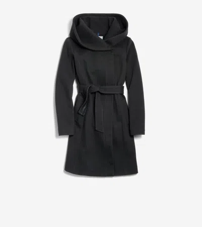 Cole Haan Belted Aysmmetrical Zip Front Twill Coat In Black