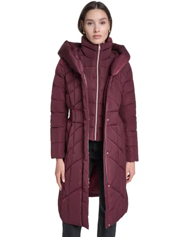 Cole Haan Women's Bibbed Hooded Puffer Coat In Burgundy