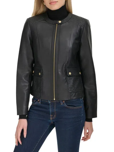Cole Haan Women's Collarless Quilted Leather Jacket In Black