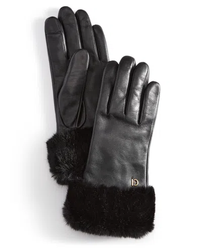 Cole Haan Women's Faux-fur-cuff Leather Gloves In Caviar