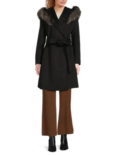 Cole Haan Slick Wool Blend Coat With Faux Fur Trim Hood In Black