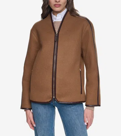 Cole Haan Collarless Faux Shearling Jacket In Brown