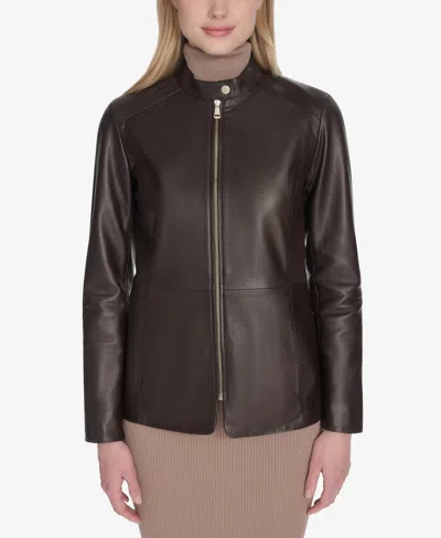 COLE HAAN WOMEN'S HAND STITCHED DETAIL STAND COLLAR LEATHER JACKET