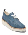 Cole Haan Women's Lace Up Platform Brogue Wingtip Oxford Flats In Denim Suede