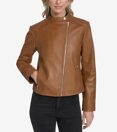 Cole Haan Stand Collar Leather Racer Jacket In Brown