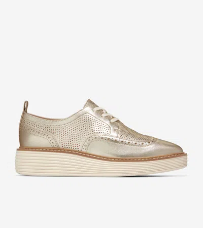 Cole Haan Women's Lace Up Platform Brogue Wingtip Oxford Flats In Gold Talca-ivory