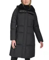 Cole Haan Channel Quilted Shimmer Nylon Puffer Coat With Removable Hood In Black