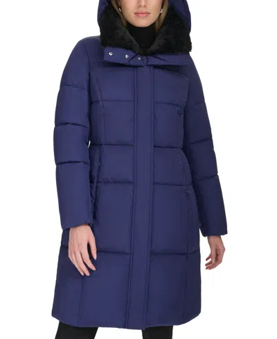 Cole Haan Women's Shine Faux-fur-collar Hooded Puffer Coat In Navy