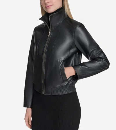 Cole Haan Women's Stand Collar Leather Bomber Jacket - Black Size Small