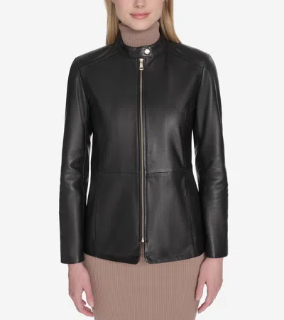 COLE HAAN COLE HAAN WOMEN'S STAND COLLAR LEATHER JACKET - BLACK SIZE XS