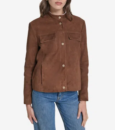 Cole Haan Women's Suede Band Collar Jacket - Brown Size Xl