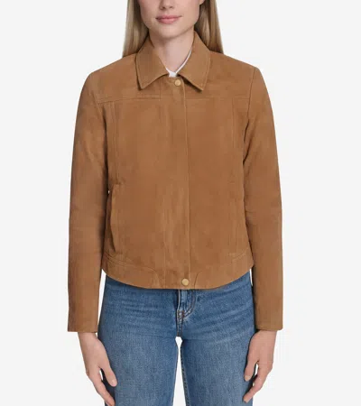 COLE HAAN COLE HAAN WOMEN'S SUEDE SHIRT COLLAR BOMBER JACKET - BROWN SIZE XS