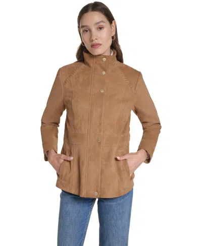 Cole Haan Stand Collar Suede Jacket In Brown