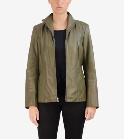 Cole Haan Women's Wing Collar Leather Jacket - Green Size Medium