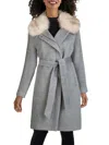 Cole Haan Faux Fur Trim Wool Blend Coat In Grey
