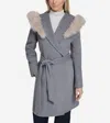 Cole Haan Slick Wool Blend Coat With Faux Fur Trim Hood In Gray