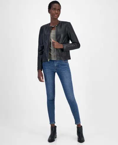 Cole Haan Women's Woven-shoulder Zip-front Leather Coat In Black