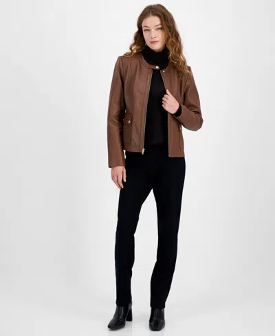 Cole Haan Women's Woven-shoulder Zip-front Leather Coat In Chocolate