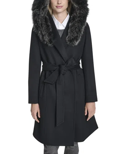 Cole Haan Slick Wool Blend Coat With Faux Fur Trim Hood In Black