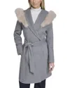 Cole Haan Slick Wool Blend Coat With Faux Fur Trim Hood In Gray