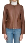 Cole Haan Woven Detail Leather Jacket In Brown