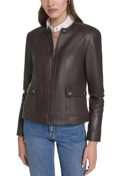 Cole Haan Woven Detail Leather Jacket In Dark Espresso