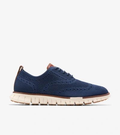 Cole Haan Mens Navy Zerøgrand Wingtip Stitchlite Knitted Oxford Shoes Eur 42 / 8 Uk In Marine Blue Stitchlite-ivory