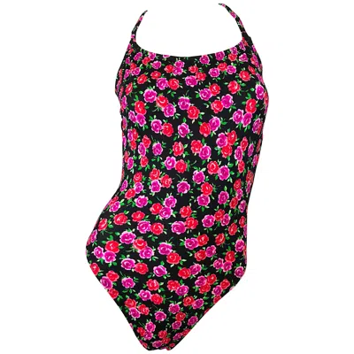 Pre-owned Cole Of California Vintage  1980s Pink Red Rose Print One Piece Swimsuit Bodysuit