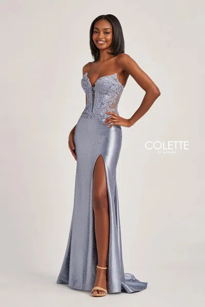 Colette By Daphne Cl6009 Sequin Corset Formal Long Prom Dress In Blue