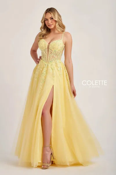 Colette By Daphne Cl6018 A Line Sequin Glitter Formal Long Prom Dress In Yellow