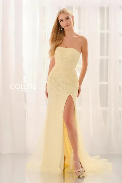 Colette By Daphne Cl6125 Long Formal Lace Applique Prom Dress In Yellow