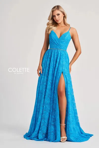 Colette By Daphne Cl8010 Long Glitter A Line Slit Formal Prom Dress In Blue