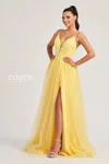 Colette By Daphne Cl8030 Long Lace Glitter A Line Formal Prom Dress In Yellow
